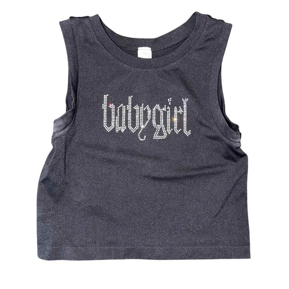 Rhinestone Babygirl Crop Top Black Muscle Tank Seamless Graphic Tee‎ M/L y2k